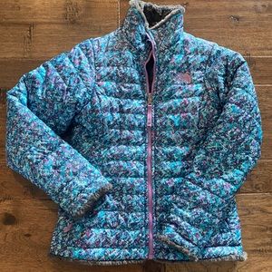 Kids The North Face Reversible Turquoise/purple and Gray Coat Medium (10/12)